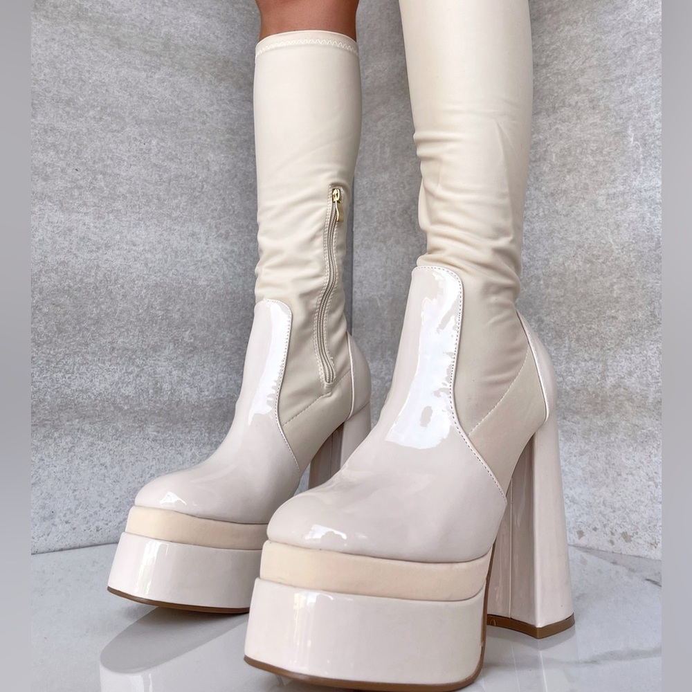 Cream Faux Patent Platform Chunky Boots
